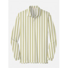 Plaid Series White LightYellow Colorblock Stripe Printing Men‘s Long Sleeve Polo