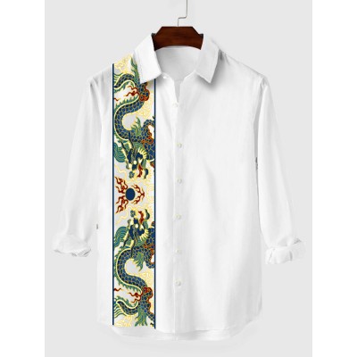 Vintage Style White Chinese Traditional Mythology Dragon Printing Men's Long Sleeve Shirt