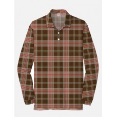 Plaid Series Vintage Brown Plaid 1980s or 1990s Men‘s Long Sleeve Polo