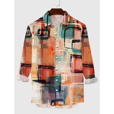 Plaid Series Art Abstract Hand Drawn Square Printing Men's Long Sleeve Shirt