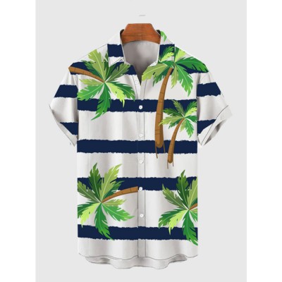 Full-Print Cartoon Strip and Coconut Tree Printing Printing Men's Short Sleeve Shirt