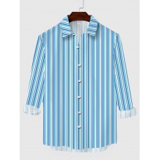 Stylish Blue Vertical Stripes Pattern Printing Men's Long Sleeve Shirt