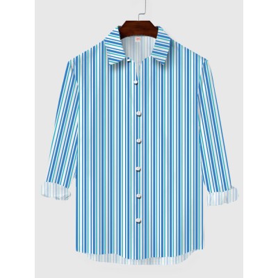 Stylish Blue Vertical Stripes Pattern Printing Men's Long Sleeve Shirt