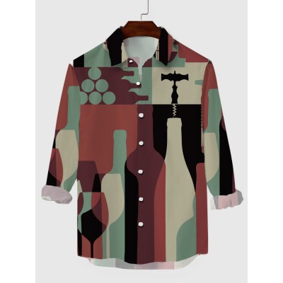 Medieval Contrasting Color Block Art Bottle Pattern Printing Men's Long Sleeve Shirt