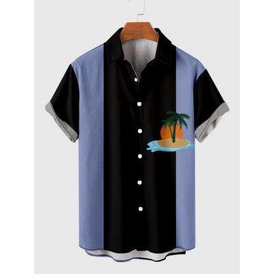 Beach and Coconut Tree Printing Black and ShadeBlue Stitching Men's Short Sleeve Shirt